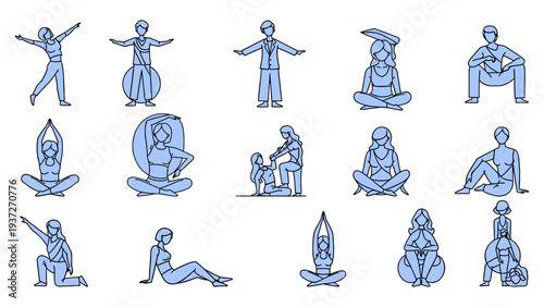 People performing yoga and meditation poses, a collection of blue outline figures, top-down and side views, vector art for wellness and fitness design, transparent background vector illustration.