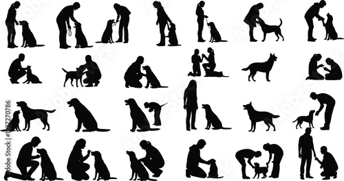 People training dogs silhouettes collection, men and women teaching, caring and bonding with pets in obedience and daily interaction poses isolated on white background