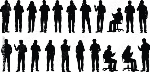 People using smartphones silhouettes collection, men and women texting, calling and browsing on mobile devices isolated on white background