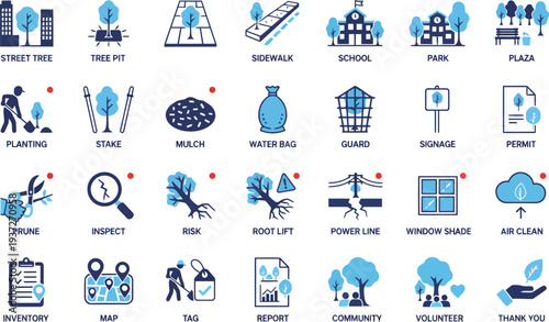 Vector illustration of urban landscaping elements for community planning and tree care management