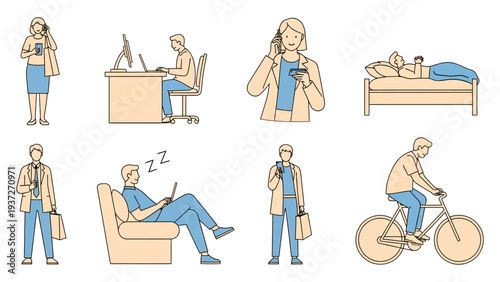 People doing everyday activities in color on a transparent background, showing various daily routines and interactions, vector illustration.