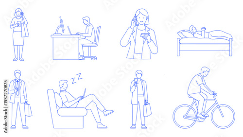 People doing everyday activities in a blue outline on a transparent background, showing various daily routines and interactions, vector illustration.