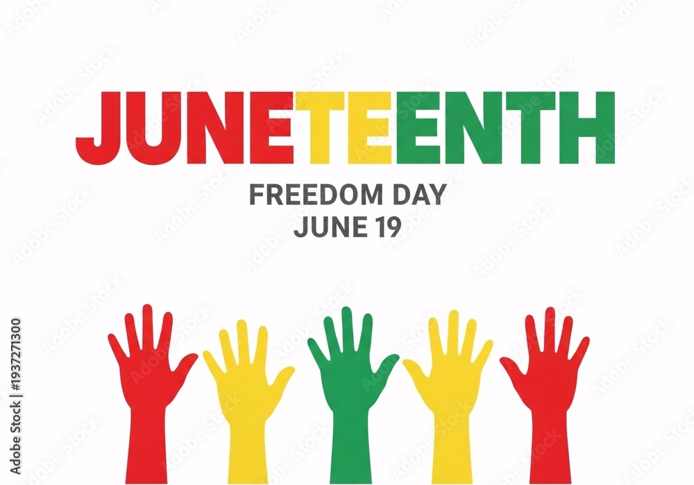 Fototapeta premium Juneteenth freedom day june 19 celebration graphic with raised hands in panafrican colors