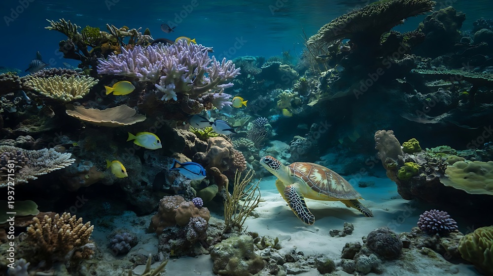 Fototapeta premium Vibrant coral reef with sea turtle and colorful fish underwater