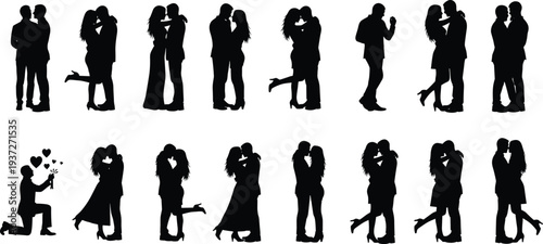Romantic couple silhouettes collection, loving men and women hugging, kissing and proposing marriage isolated on white background for love concept