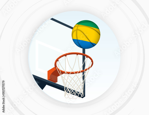 Gabon Flag Themed Basketball in Motion, Scoring Moment in Basketball Game.