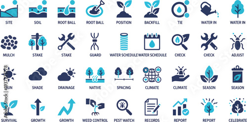 Vector icons representing gardening and plant care concepts for landscaping and horticulture