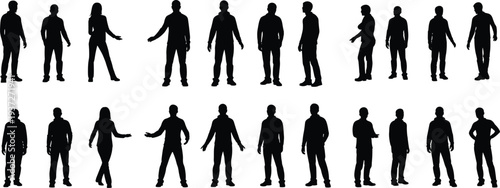Standing people silhouettes collection, men and women in casual poses isolated on white background for lifestyle and character design