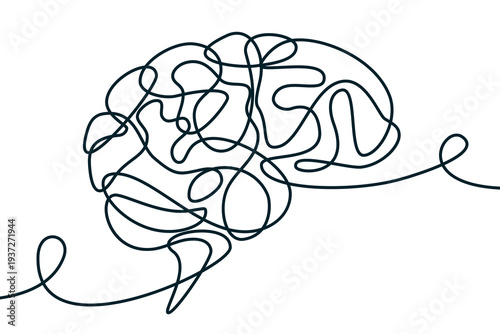 Monoline human brain. Vector continuous line illustration. Mental health, intelligence, balance, psychotherapy concept