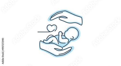 Hands cradling baby with heart symbol.