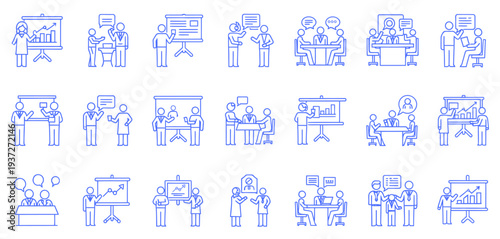 Business people in various scenarios, like presentations, brainstorming, and teamwork, vector illustration.