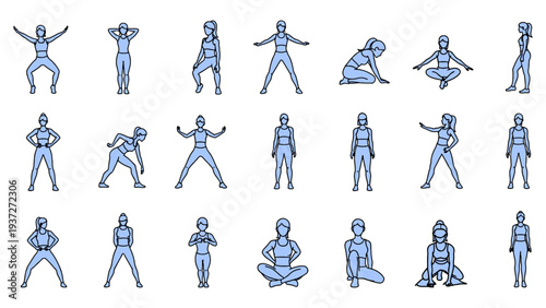 Female yoga poses, woman, exercising, stretching, flexibility, fitness, healthy lifestyle, body wellness, meditation, athletic positions, training, graceful movement vector illustration.