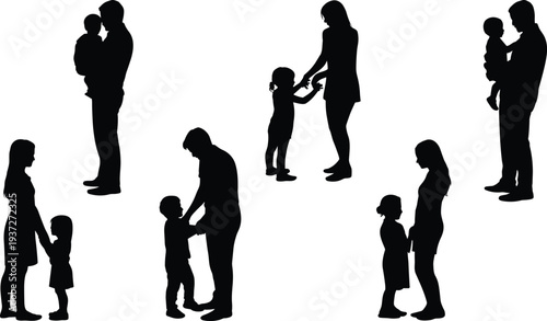 Family silhouettes illustration, parents with children bonding, father mother care moments, happy family life, black isolated figures, white background concept