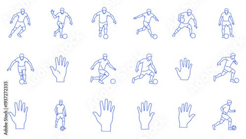Soccer player icons, football action, kicking ball, running, dribbling, sports figures, athletic poses, game play, team sport, active lifestyle, outdoor activity vector illustration.