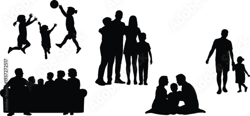 Family silhouettes, children playing figures, parents bonding icons, family unity design, household interaction art, generational togetherness outline, family portrait illustration