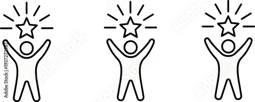 Set of three minimalist icons representing achievement success and recognition with a person holding a shining star above their head isolated on white background