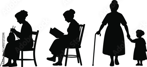 Family silhouette generations, woman knitting, woman reading, elderly with cane, child holding hand, caregiving aging relationship, lifestyle illustration showcase
