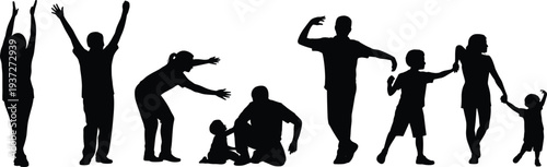 Family silhouette vector, playful poses, children and adults, group activity, expressive movement, unity design, togetherness art, connection, happy moment