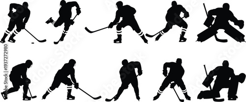 Ice hockey players silhouettes action poses collection, skating shooting goalkeeper defense sport athletes isolated vector illustration set