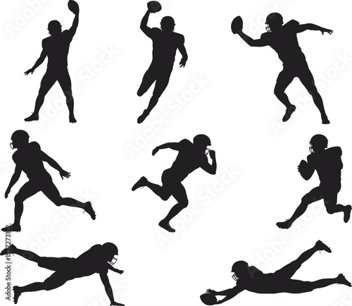 Collection of American football player silhouettes featuring quarterbacks throwing passes, athletes running, sprinting, and making diving catches for sports design.