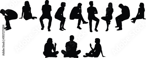 People sitting silhouettes collection, men and women seated poses isolated vector set casual posture lifestyle illustration