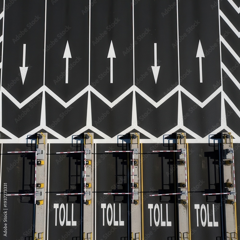 Obraz premium Aerial View Of Tollbooths With Directional Arrows And Painted Road Markings for Highway Traffic