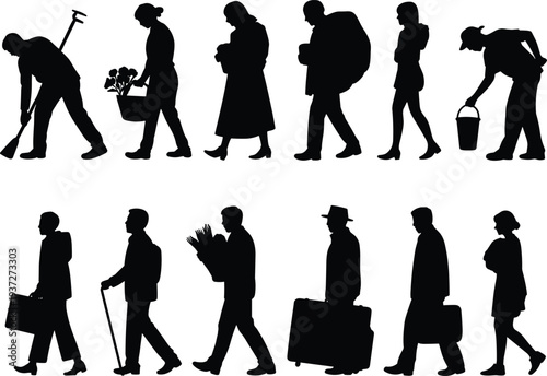 People worker silhouettes carrying bags tools and goods, rural labor travel lifestyle characters isolated vector collection