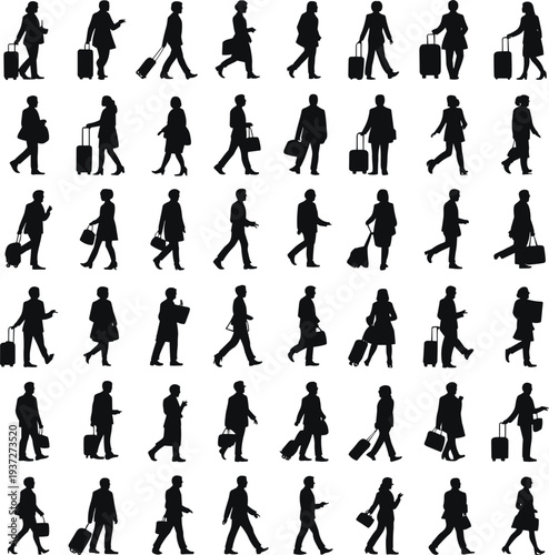 Business people silhouettes walking with luggage and bags, commuter travelers collection isolated, corporate workers travel lifestyle vector set