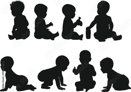 Collection of black baby and toddler silhouettes featuring infants sitting, crawling, playing, and reaching in various cute and active poses.