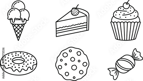 A variety of sweet treats including ice cream cake cupcake donut cookie and candy