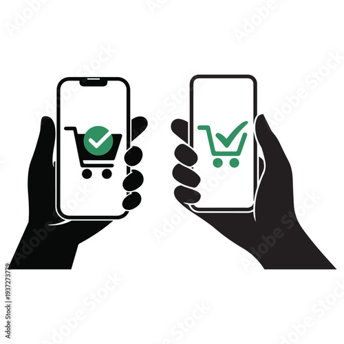 Two hands holding smartphones displaying shopping cart icons with checkmarks a modern digital commerce illustration silhouette