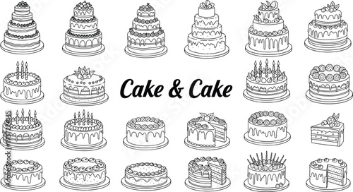 Black and white cake illustration set, 24 unique tiered designs with decorations, fruits, candles, icing patterns, bakery menu inspiration