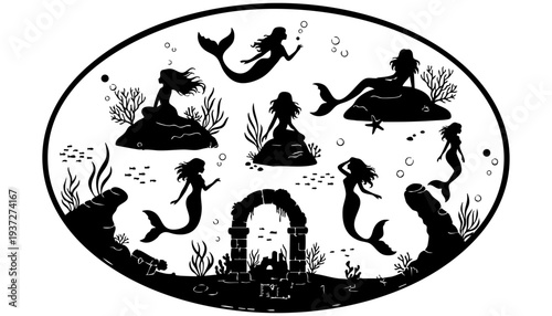 Fantasy Mermaid Underwater Scene Silhouette Vector Art