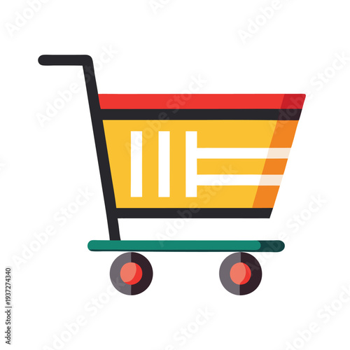 Colorful Shopping Cart Vector Illustration in Side View with Vibrant Red Yellow Green Colors