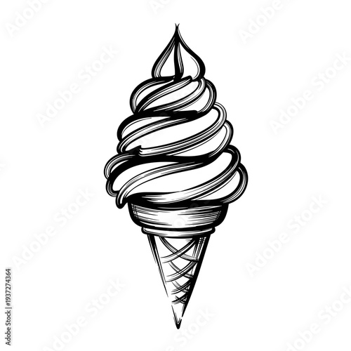 Classic ice cream cone with swirled soft serve in black and white  