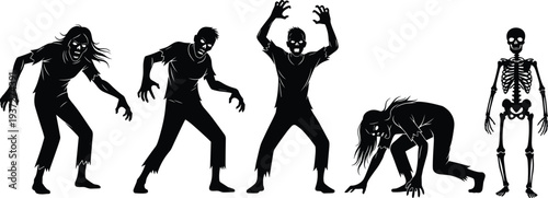 Halloween zombie and skeleton silhouettes, undead horror figures illustration, spooky tattered clothing, scary poses, creepy progression from zombie to skeleton