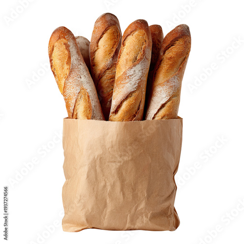 Fresh french baguettes in paper bag, isolated on transparent cutout background