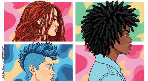 Diverse Women Side Profile Portrait Set, Different Hair Textures Minimalist Illustration