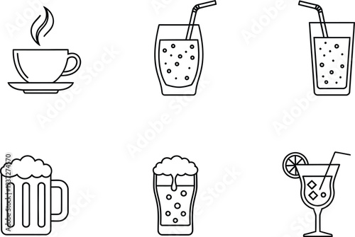 A collection of six beverage icons including coffee soda beer and cocktails
