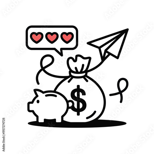 Piggy bank and money bag with social media likes and paper airplane represent financial growth.