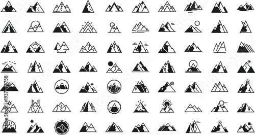 Large collection of minimalist mountain peak icons, variety of black geometric hills, snowy range silhouettes, and nature landscape symbols for design.