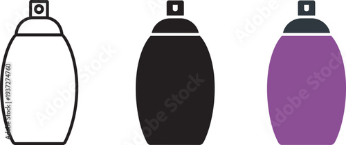 Perfume bottle icons showing fragrance spray container in stroke silhouette and color variants