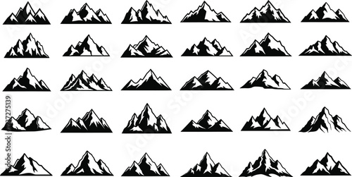 Large collection of mountain peak silhouettes, black rock range icons, outdoor adventure nature elements, minimalist hill vector illustration, climbing travel symbols.