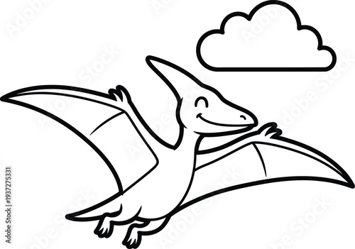 Smiling pterodactyl flying under a cloud