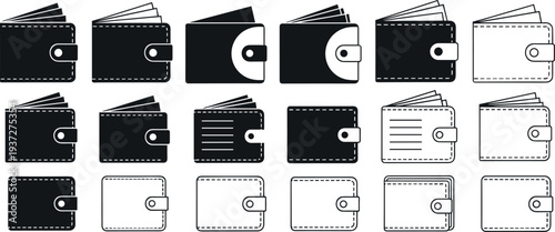 Wallet icons collection, money purse symbols, finance payment accessory minimal vector illustration set