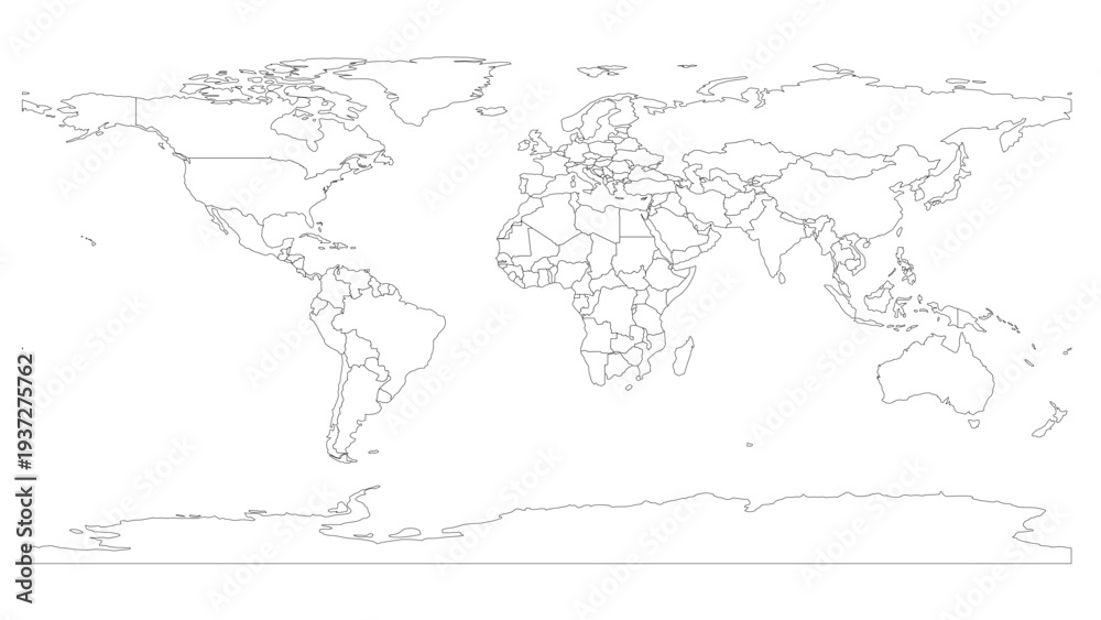 Fototapeta premium Editable world map vector with political borders including antarctica, each country on separate layer. Fully customizable map isolated on transparent background for design, print and infographic use