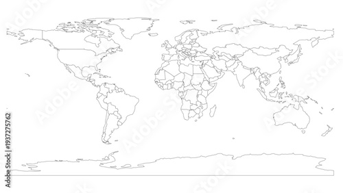 Editable world map vector with political borders including antarctica, each country on separate layer. Fully customizable map isolated on transparent background for design, print and infographic use