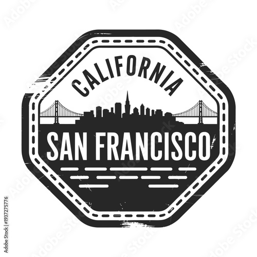 Vintage style california stamp featuring san francisco skyline illustration