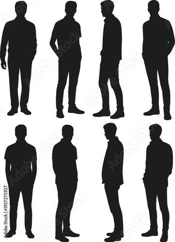 People walking silhouettes set of men and women in casual clothing, group of diverse adults moving forward on white background