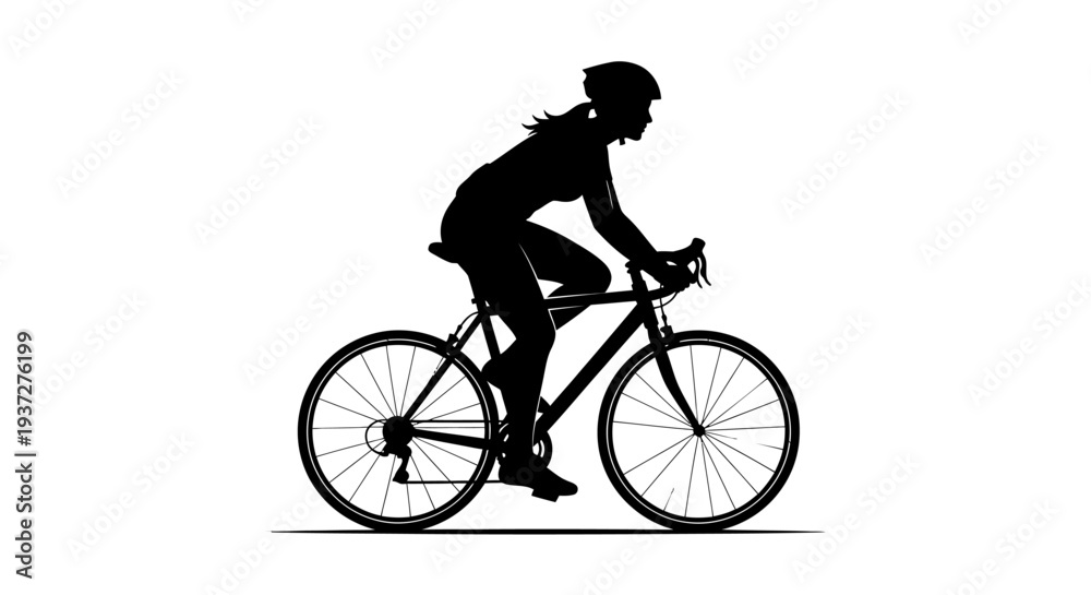 Fototapeta premium Silhouette of an active young woman riding a road bicycle, isolated white background.